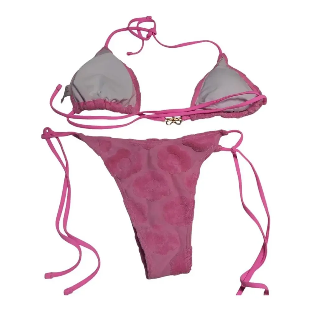 Pink Terry Cloth Tie-Strap Triangle Bikini Set with Heart Texture Size M